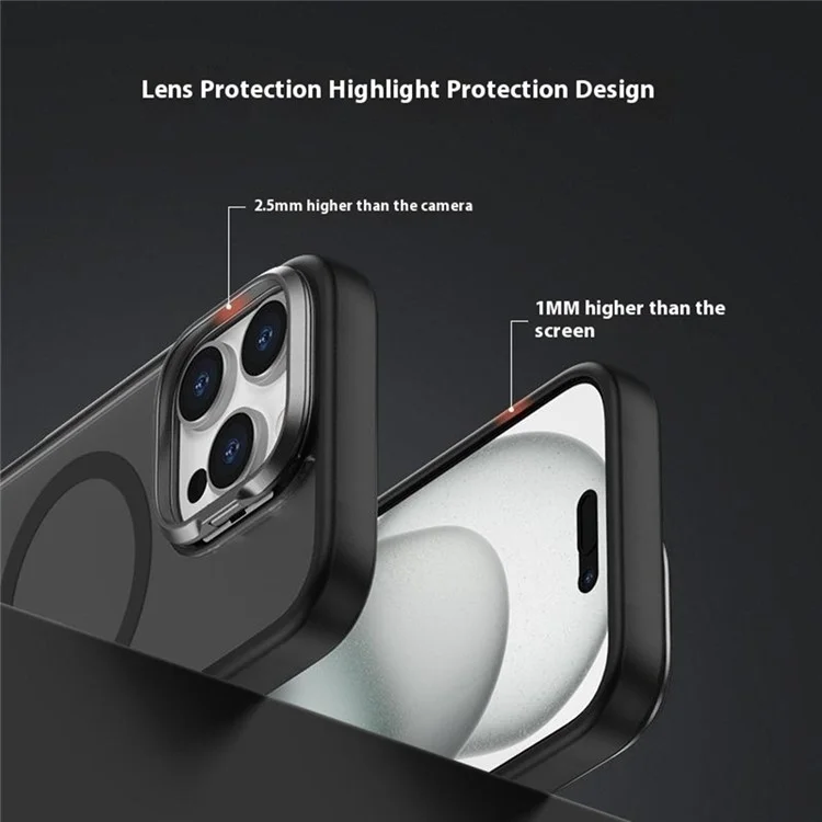 Чехол для iPhone 16 Pro Max с магнитной поддержкой противоударный TPU + PC с рамкой для объектива и подставкой - Черный