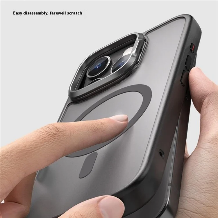 Чехол для iPhone 16 Pro Max с магнитной поддержкой противоударный TPU + PC с рамкой для объектива и подставкой - Черный