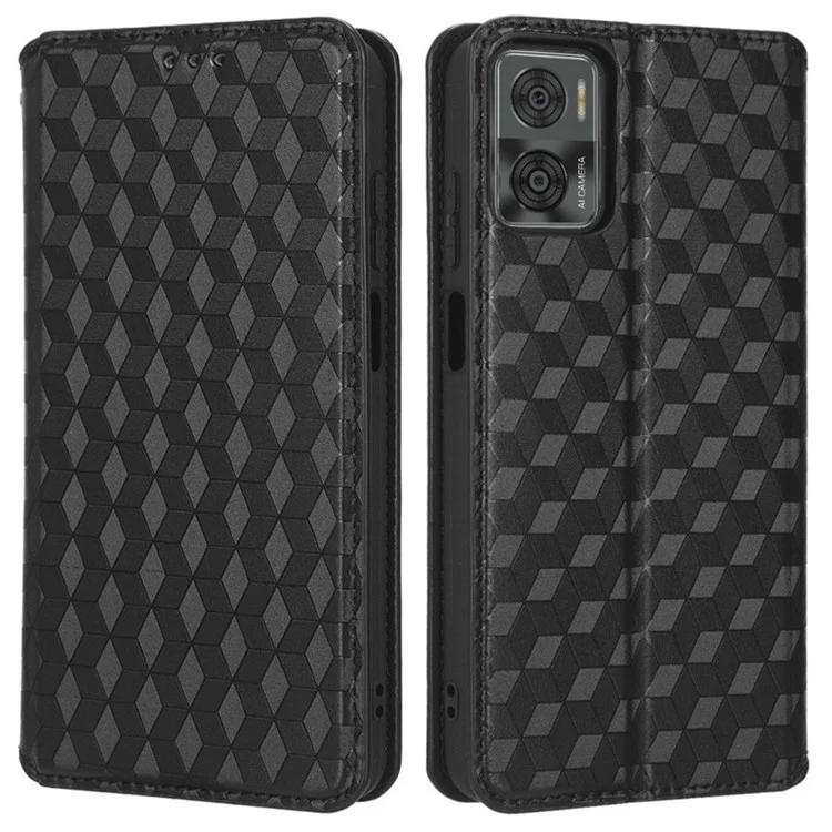 Für Motorola Moto E22 4G / Moto E22i 4G Geprinktes Rhombus -muster Brieftasche Abdeckung PU Leder Magnetic Auto Closing Stand Telefon Hülle - Schwarz