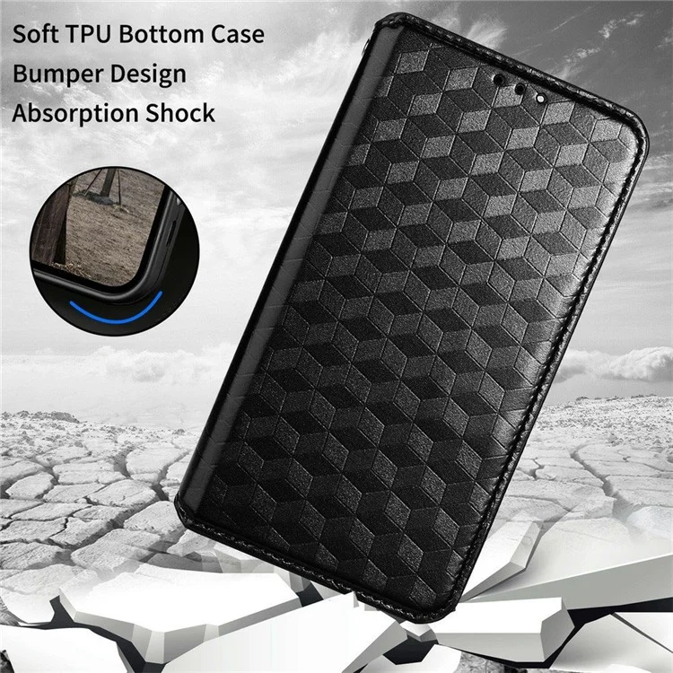 Für Motorola Moto E22 4G / Moto E22i 4G Geprinktes Rhombus -muster Brieftasche Abdeckung PU Leder Magnetic Auto Closing Stand Telefon Hülle - Schwarz
