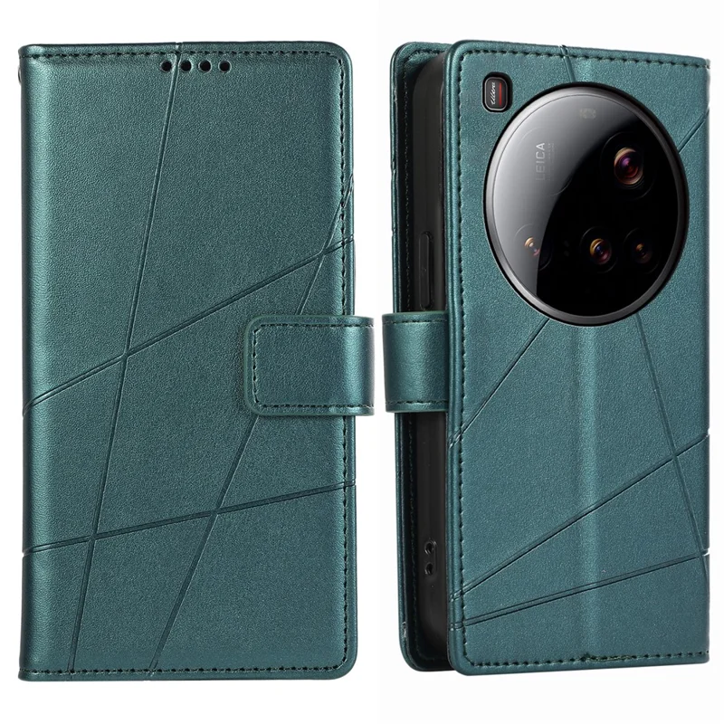DF-06 Voor Xiaomi 15 Ultra Hoesje met Lijnimpressie Lederen Portemonnee - Groen