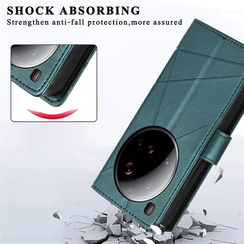 DF-06 Voor Xiaomi 15 Ultra Hoesje met Lijnimpressie Lederen Portemonnee - Groen