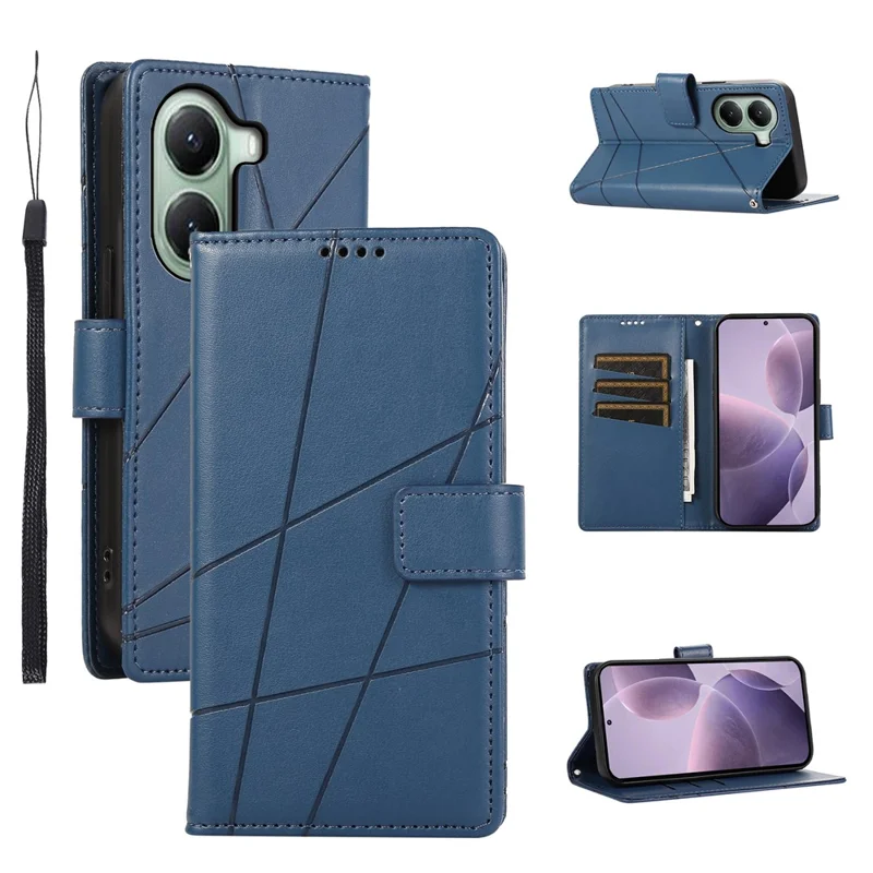 DF-06 Voor Xiaomi Poco X7 Pro 5G / Redmi Turbo 4 5G Hoesje met Lijnimpressie Lederen Portemonnee - Blauw