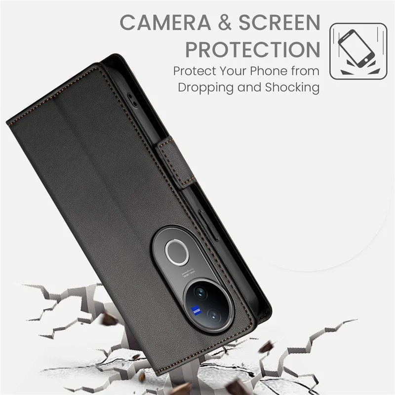 For vivo V50 5G Stand Case PU Leather Wallet Phone Cover - Black