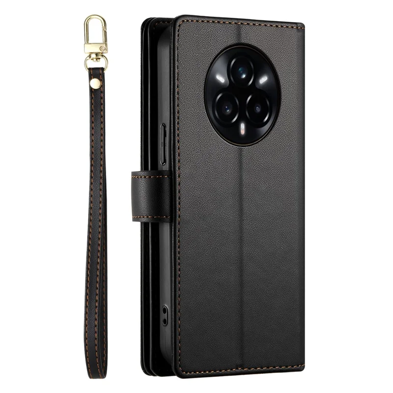 DF-011 For Realme 14 Pro 5G Case Zipper Pocket Wallet Leather Phone Cover with Straps - Black