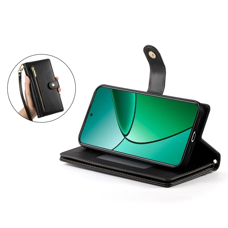 DF-011 For Realme 14 Pro 5G Case Zipper Pocket Wallet Leather Phone Cover with Straps - Black