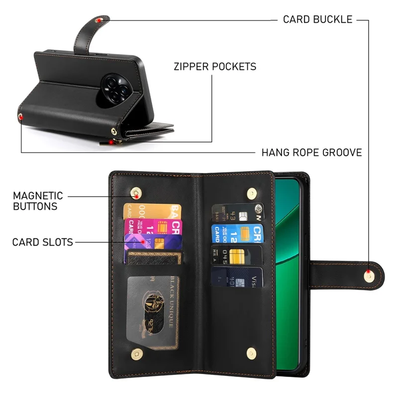 DF-011 For Realme 14 Pro 5G Case Zipper Pocket Wallet Leather Phone Cover with Straps - Black