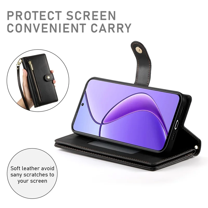 DF-011 For Realme 14 Pro+ 5G Case Zipper Pocket Wallet Leather Phone Cover with Straps - Black