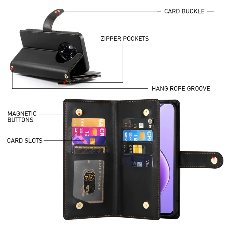 DF-011 For Realme 14 Pro+ 5G Case Zipper Pocket Wallet Leather Phone Cover with Straps - Black