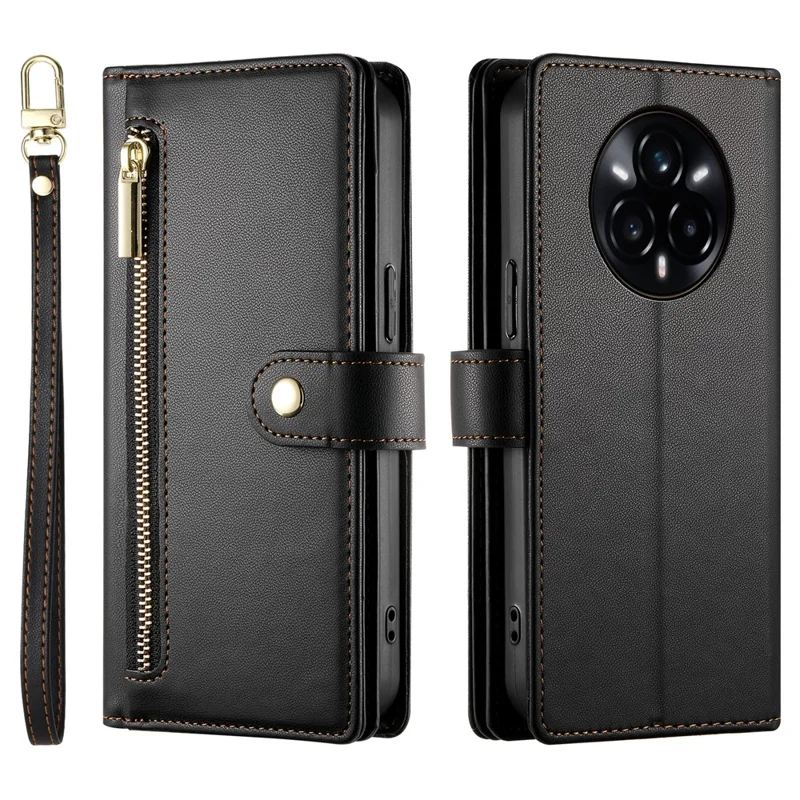 DF-011 For Realme 14 Pro+ 5G Case Zipper Pocket Wallet Leather Phone Cover with Straps - Black
