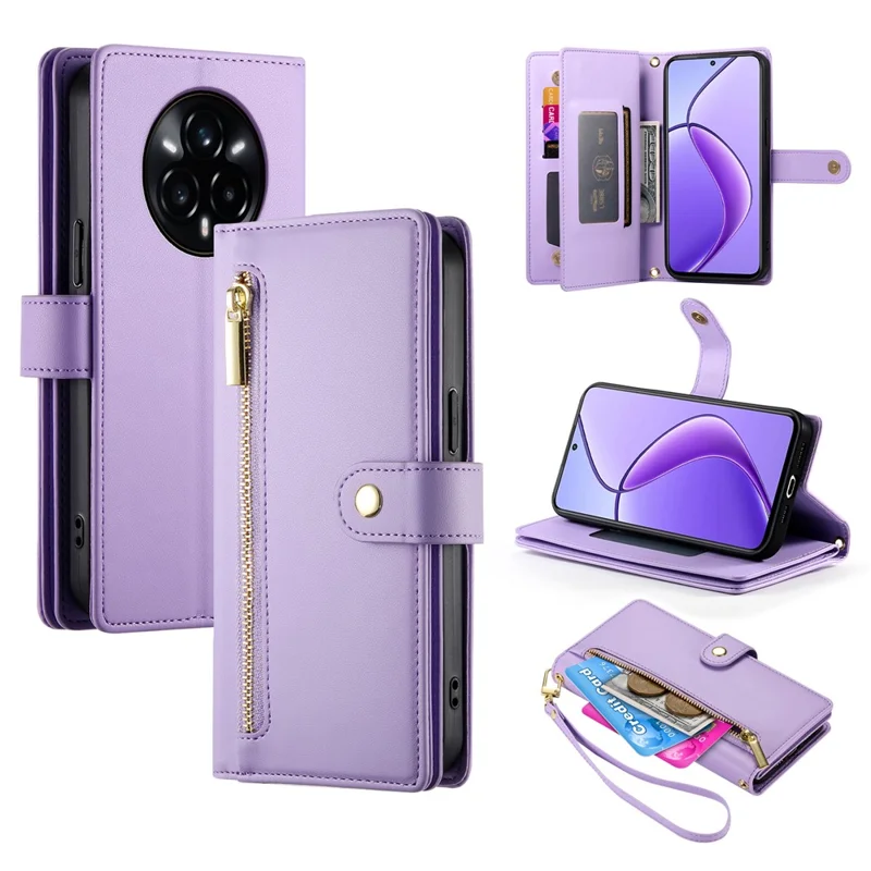 DF-011 For Realme 14 Pro+ 5G Case Zipper Pocket Wallet Leather Phone Cover with Straps - Purple