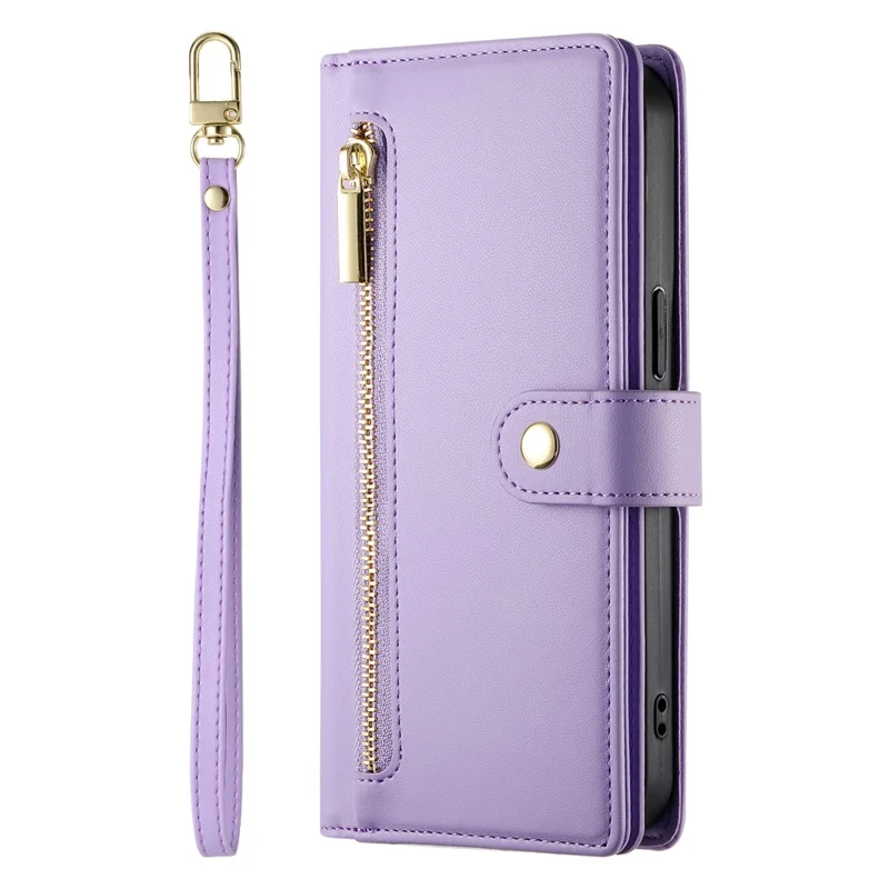 DF-011 For Realme 14 Pro+ 5G Case Zipper Pocket Wallet Leather Phone Cover with Straps - Purple