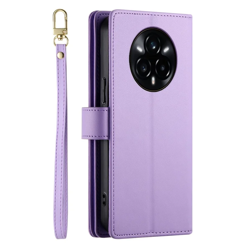 DF-011 For Realme 14 Pro+ 5G Case Zipper Pocket Wallet Leather Phone Cover with Straps - Purple