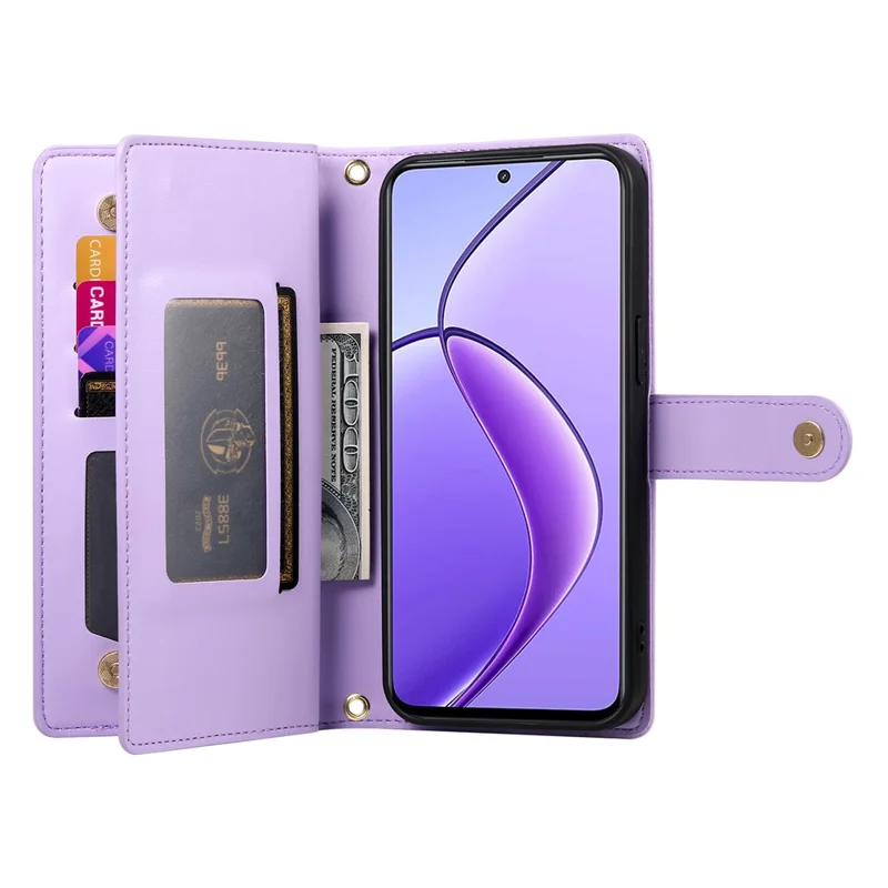DF-011 For Realme 14 Pro+ 5G Case Zipper Pocket Wallet Leather Phone Cover with Straps - Purple
