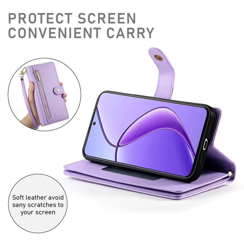 DF-011 For Realme 14 Pro+ 5G Case Zipper Pocket Wallet Leather Phone Cover with Straps - Purple