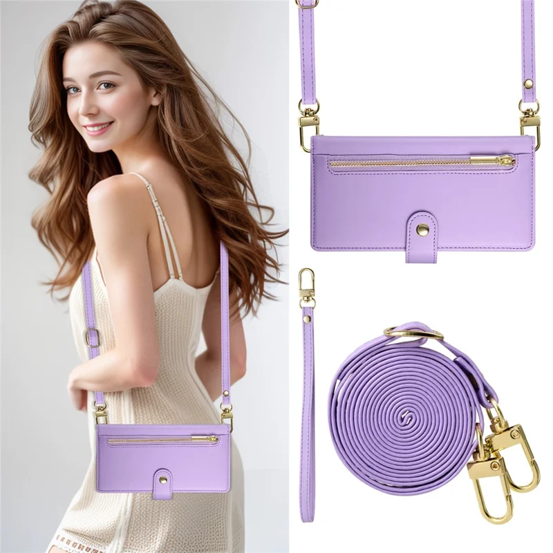 DF-011 For Realme 14 Pro+ 5G Case Zipper Pocket Wallet Leather Phone Cover with Straps - Purple
