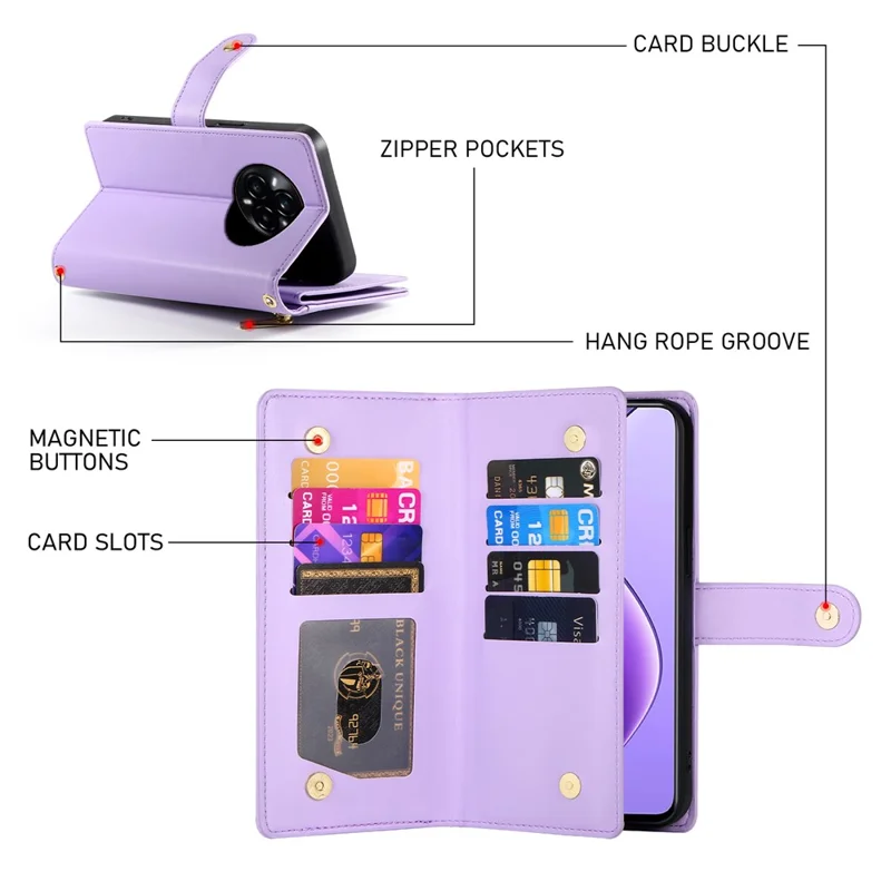 DF-011 For Realme 14 Pro+ 5G Case Zipper Pocket Wallet Leather Phone Cover with Straps - Purple