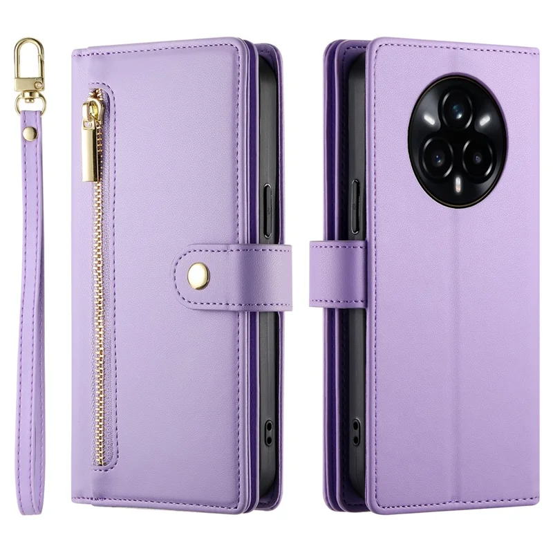 DF-011 For Realme 14 Pro+ 5G Case Zipper Pocket Wallet Leather Phone Cover with Straps - Purple