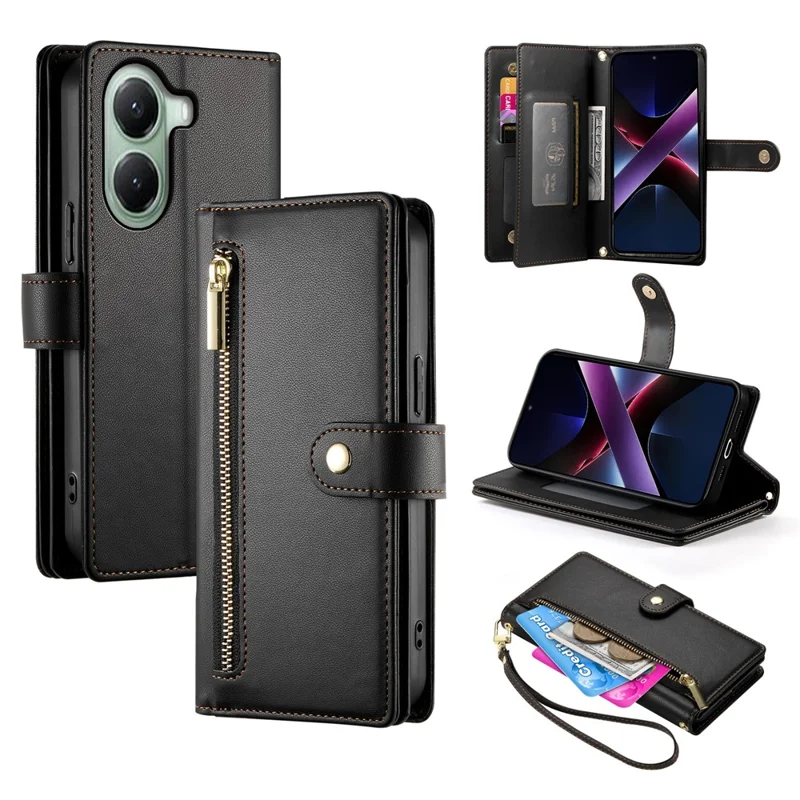 DF-011 For Xiaomi Poco X7 Pro 5G  /  Redmi Turbo 4 5G Case Zipper Pocket Wallet Leather Phone Cover with Straps - Black
