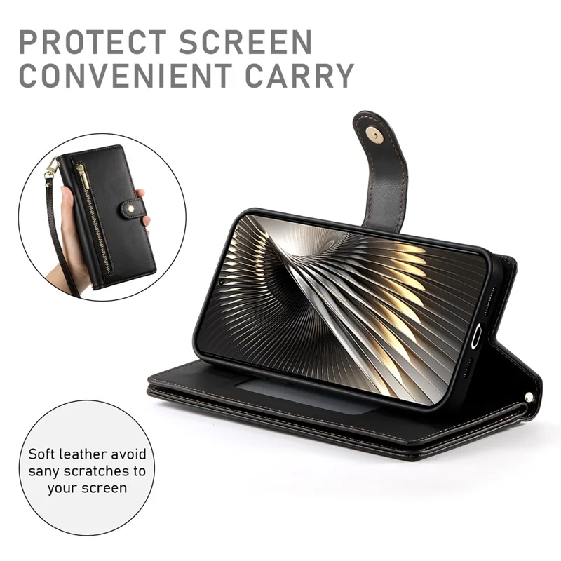 DF-011 For Xiaomi Poco X7 Pro 5G  /  Redmi Turbo 4 5G Case Zipper Pocket Wallet Leather Phone Cover with Straps - Black