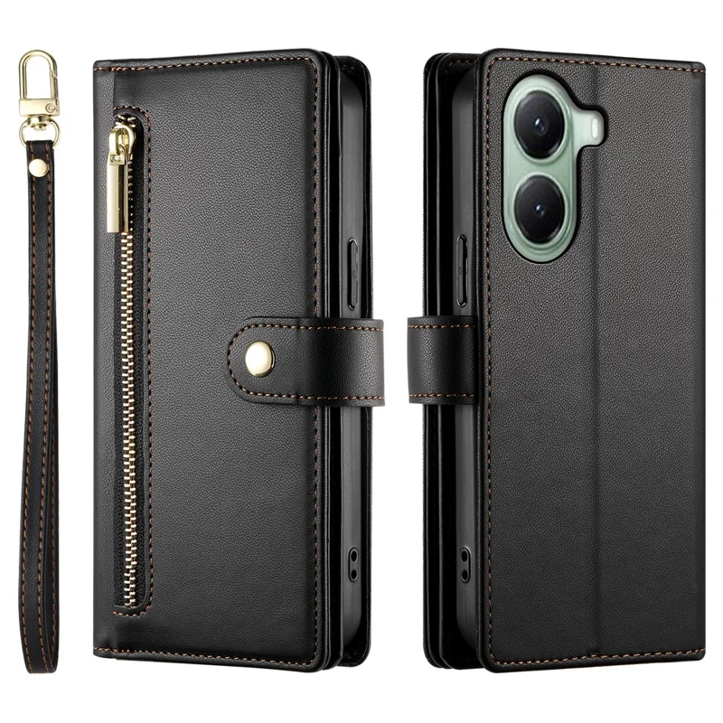 DF-011 For Xiaomi Poco X7 Pro 5G  /  Redmi Turbo 4 5G Case Zipper Pocket Wallet Leather Phone Cover with Straps - Black
