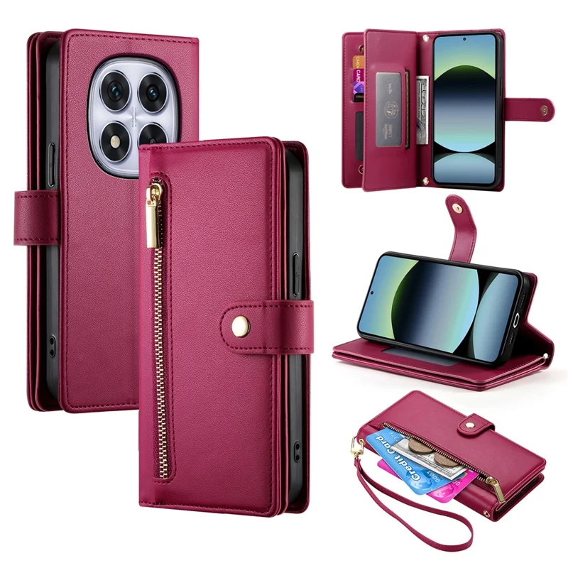 DF-011 For Xiaomi Redmi Note 14 Pro 4G Case Zipper Pocket Wallet Leather Phone Cover with Straps - Red