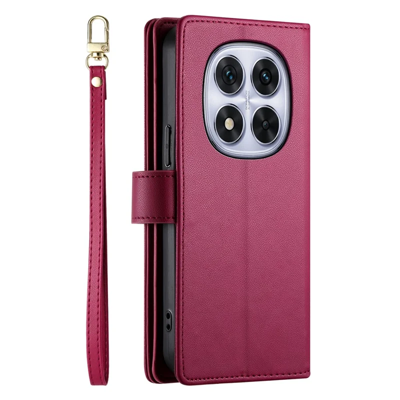 DF-011 For Xiaomi Redmi Note 14 Pro 4G Case Zipper Pocket Wallet Leather Phone Cover with Straps - Red