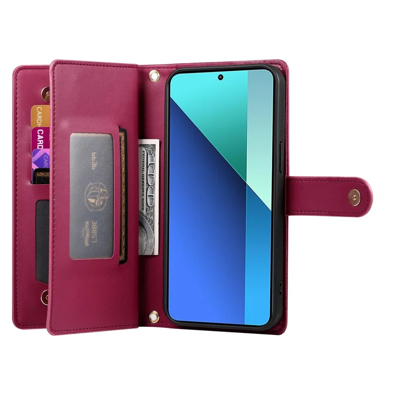 DF-011 For Xiaomi Redmi Note 14 Pro 4G Case Zipper Pocket Wallet Leather Phone Cover with Straps - Red