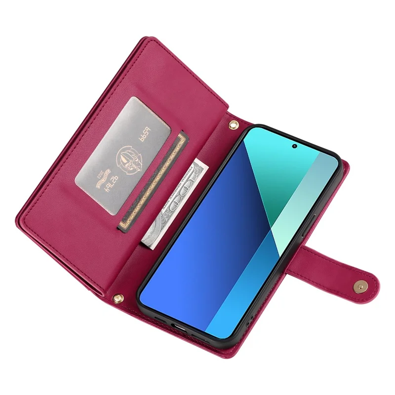DF-011 For Xiaomi Redmi Note 14 Pro 4G Case Zipper Pocket Wallet Leather Phone Cover with Straps - Red
