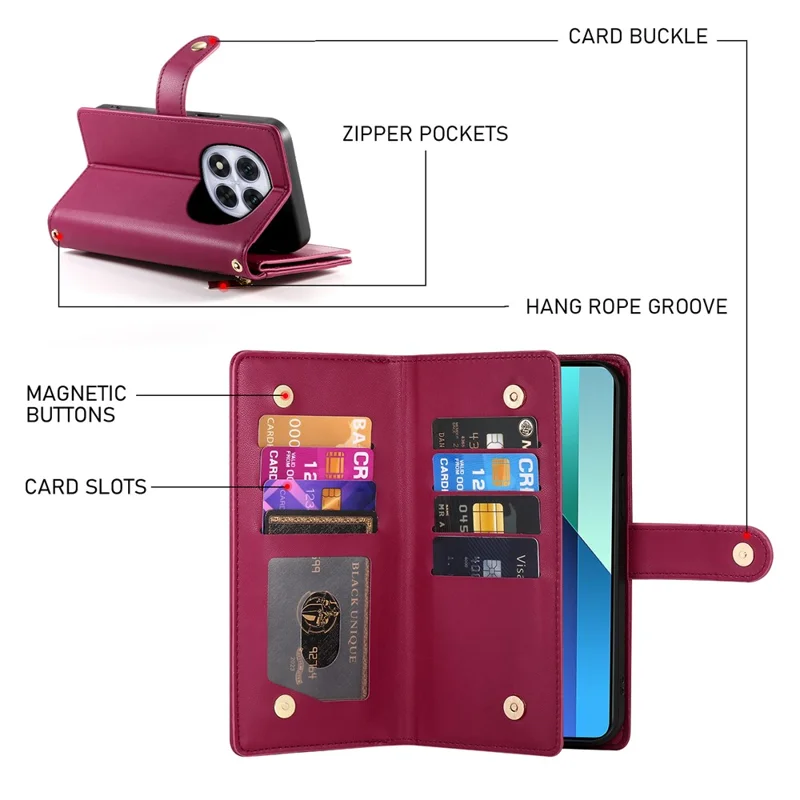 DF-011 For Xiaomi Redmi Note 14 Pro 4G Case Zipper Pocket Wallet Leather Phone Cover with Straps - Red