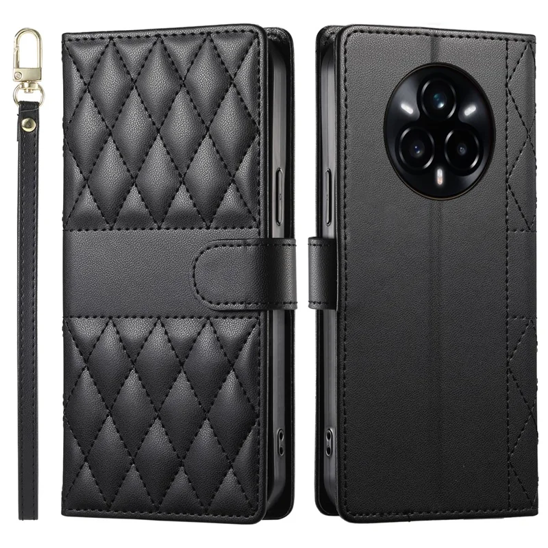 For Realme 14 Pro 5G Case Rhombus Stitching Wallet Stand Leather Phone Cover with Long  /  Short Strap - Black