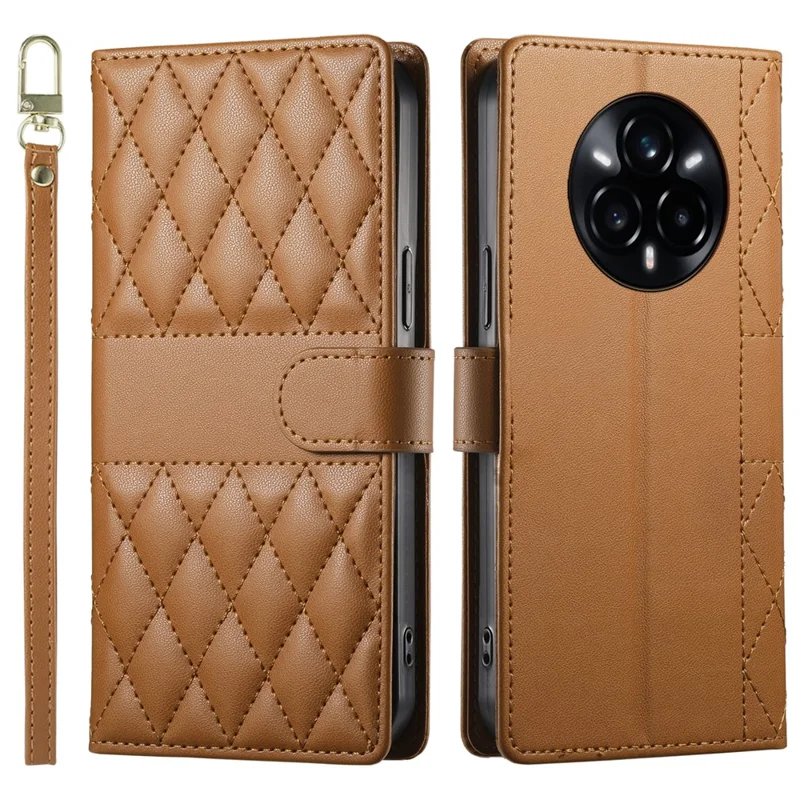 For Realme 14 Pro+ 5G Case Rhombus Stitching Wallet Stand Leather Phone Cover with Long  /  Short Strap - Brown