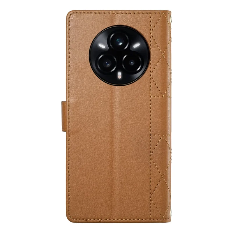 For Realme 14 Pro+ 5G Case Rhombus Stitching Wallet Stand Leather Phone Cover with Long  /  Short Strap - Brown