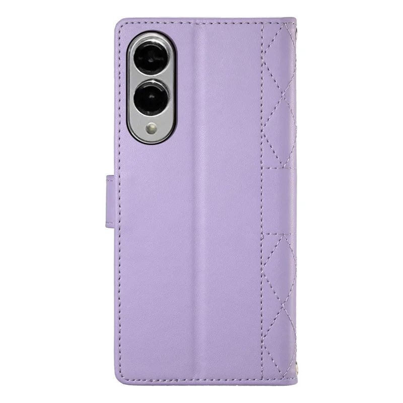 For Samsung Galaxy S25 Edge Case Rhombus Stitching Wallet Stand Leather Phone Cover with Long  /  Short Strap - Purple