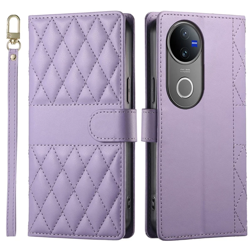 For vivo V50 5G Case Rhombus Stitching Wallet Stand Leather Phone Cover with Long  /  Short Strap - Purple