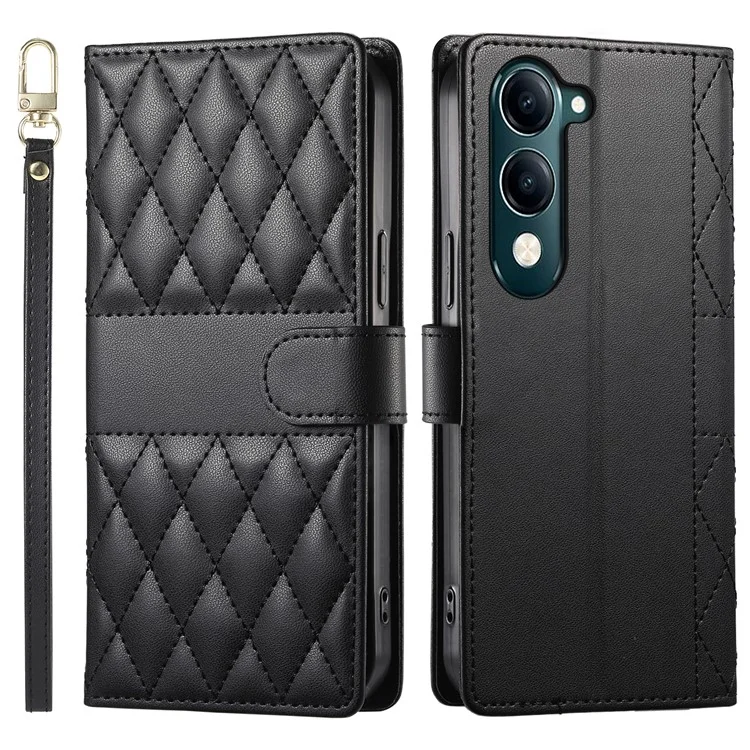 Étui portefeuille en cuir avec motif losange et support pour vivo Y04 4G / Y29s 5G, avec bandoulière longue / courte - Noir