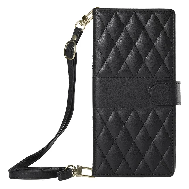 Étui portefeuille en cuir avec motif losange et support pour vivo Y04 4G / Y29s 5G, avec bandoulière longue / courte - Noir