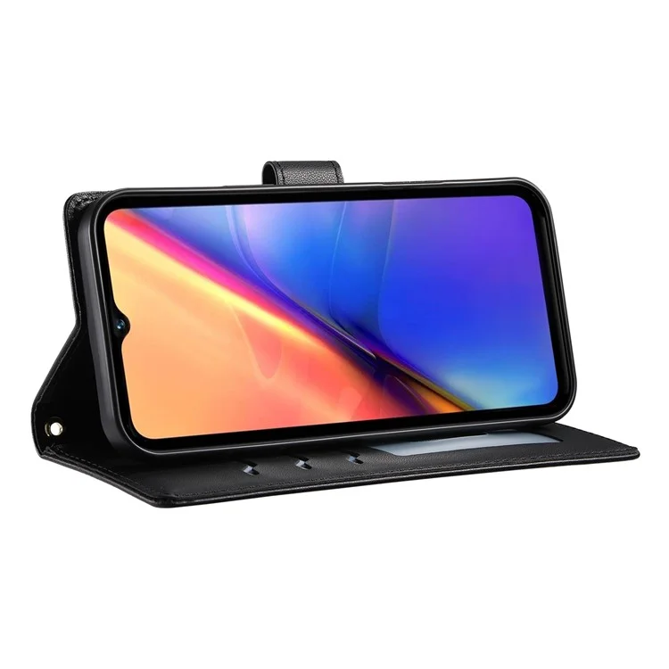 Étui portefeuille en cuir avec motif losange et support pour vivo Y04 4G / Y29s 5G, avec bandoulière longue / courte - Noir