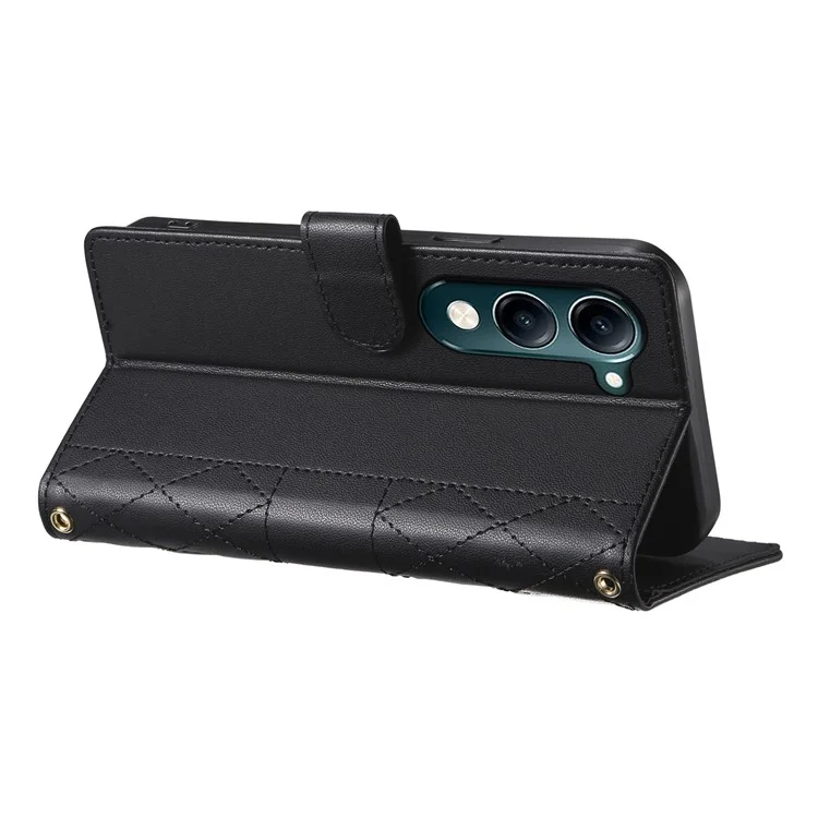 Étui portefeuille en cuir avec motif losange et support pour vivo Y04 4G / Y29s 5G, avec bandoulière longue / courte - Noir