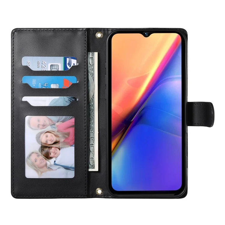 Étui portefeuille en cuir avec motif losange et support pour vivo Y04 4G / Y29s 5G, avec bandoulière longue / courte - Noir