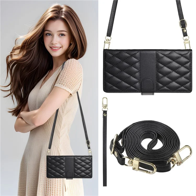 Étui portefeuille en cuir avec motif losange et support pour vivo Y04 4G / Y29s 5G, avec bandoulière longue / courte - Noir
