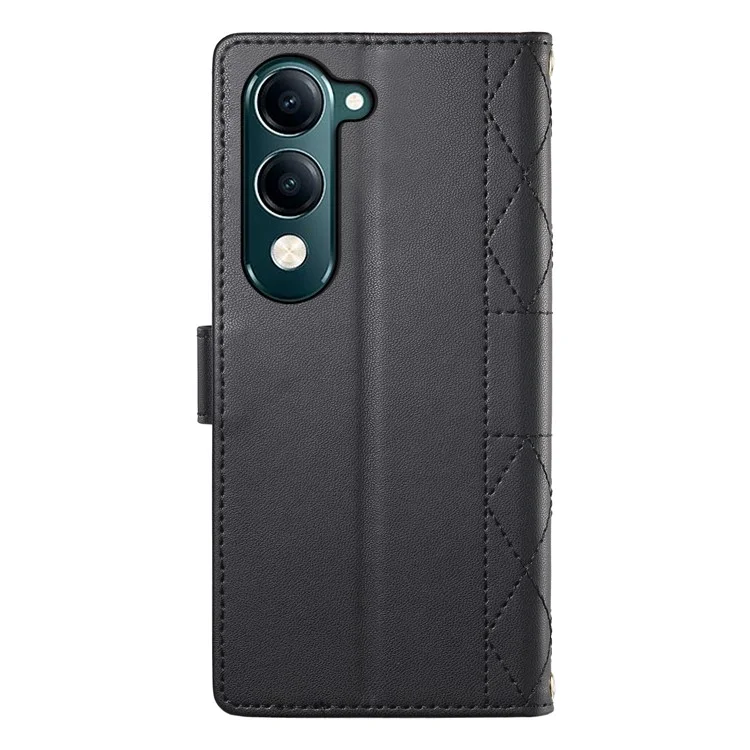 Étui portefeuille en cuir avec motif losange et support pour vivo Y04 4G / Y29s 5G, avec bandoulière longue / courte - Noir