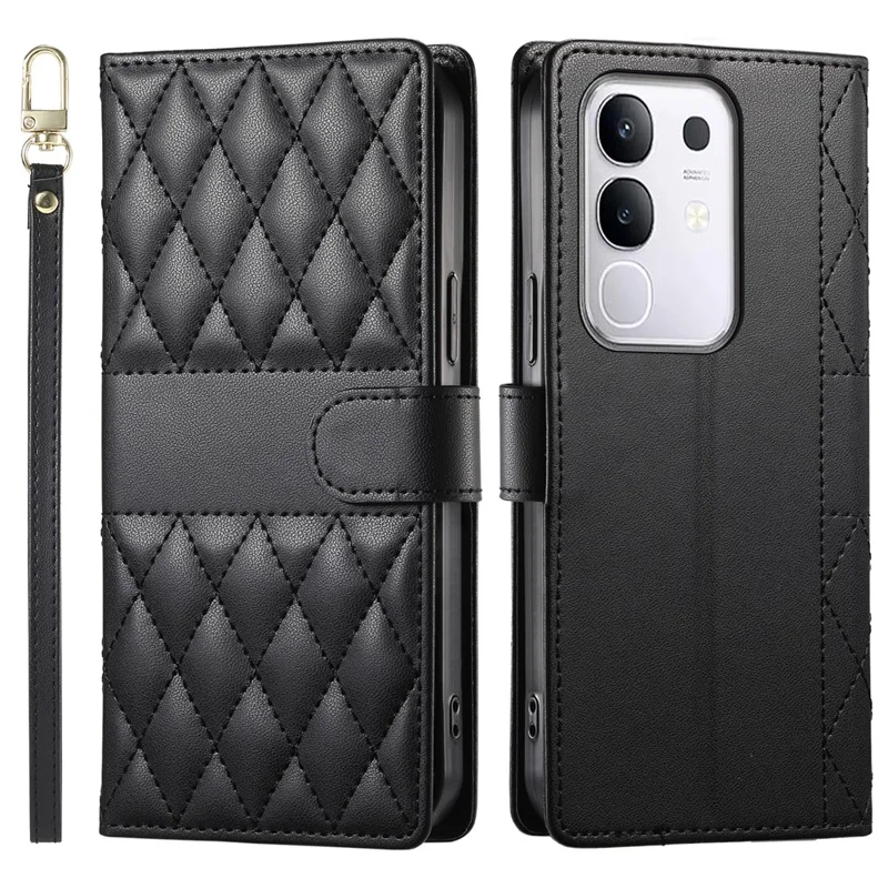 For vivo Y29 4G Case Rhombus Stitching Wallet Stand Leather Phone Cover with Long  /  Short Strap - Black