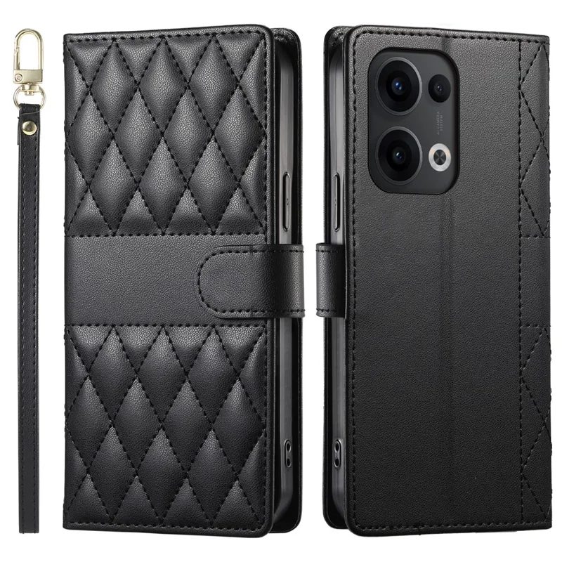 Pour Oppo Reno13 5G (Global) Étui Portefeuille à Motif Losange avec Support et Sangle Longue / Courte en Cuir - Noir