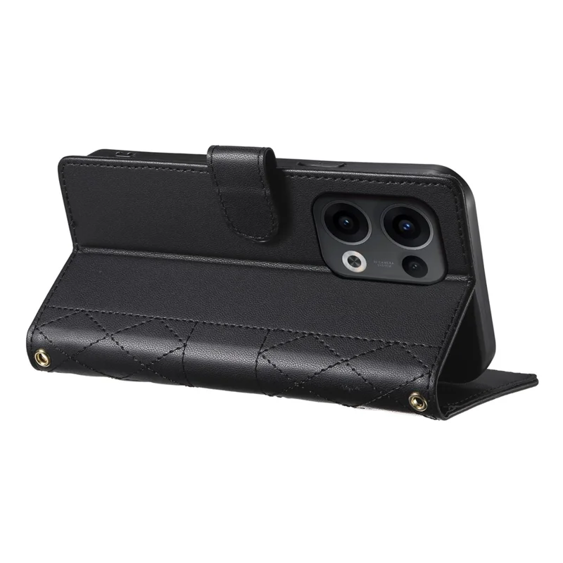 Pour Oppo Reno13 5G (Global) Étui Portefeuille à Motif Losange avec Support et Sangle Longue / Courte en Cuir - Noir
