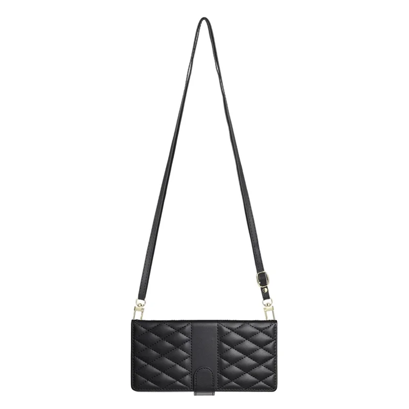 Pour Oppo Reno13 5G (Global) Étui Portefeuille à Motif Losange avec Support et Sangle Longue / Courte en Cuir - Noir