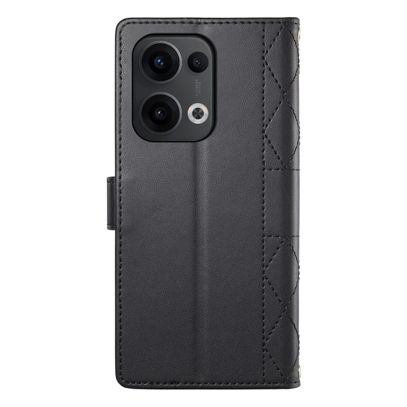 Pour Oppo Reno13 5G (Global) Étui Portefeuille à Motif Losange avec Support et Sangle Longue / Courte en Cuir - Noir