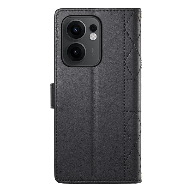 For Oppo Reno13 F 5G Case Rhombus Stitching Wallet Stand Leather Phone Cover with Long  /  Short Strap - Black