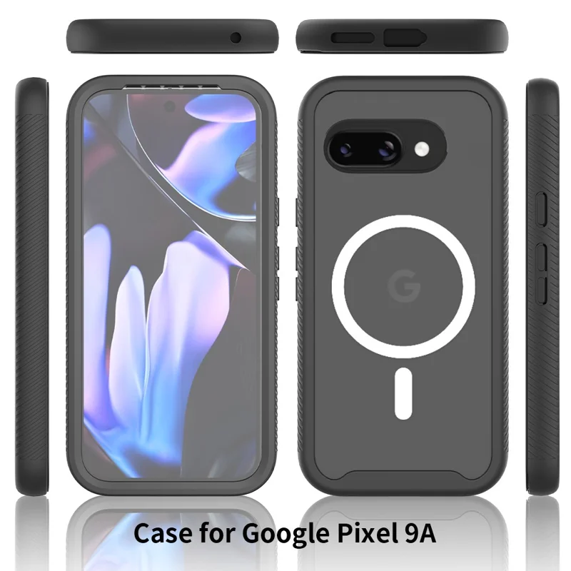 For Google Pixel 9a Magnetic Case PC + TPU Protective Phone Cover with PET Screen Film - Black