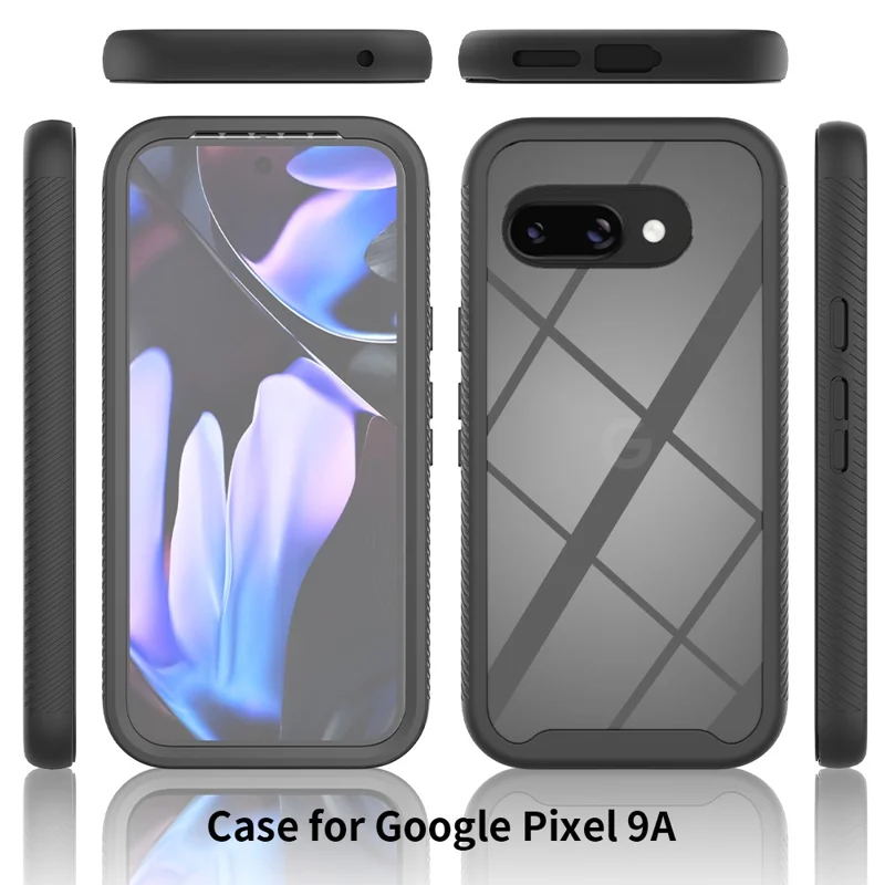 For Google Pixel 9a Case PC + TPU Phone Clear Back Cover with PET Screen Film - Black